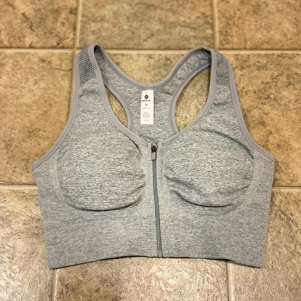 90 Degree by Reflex Heather Gray Zip Front Racerback Sports Bra Size M